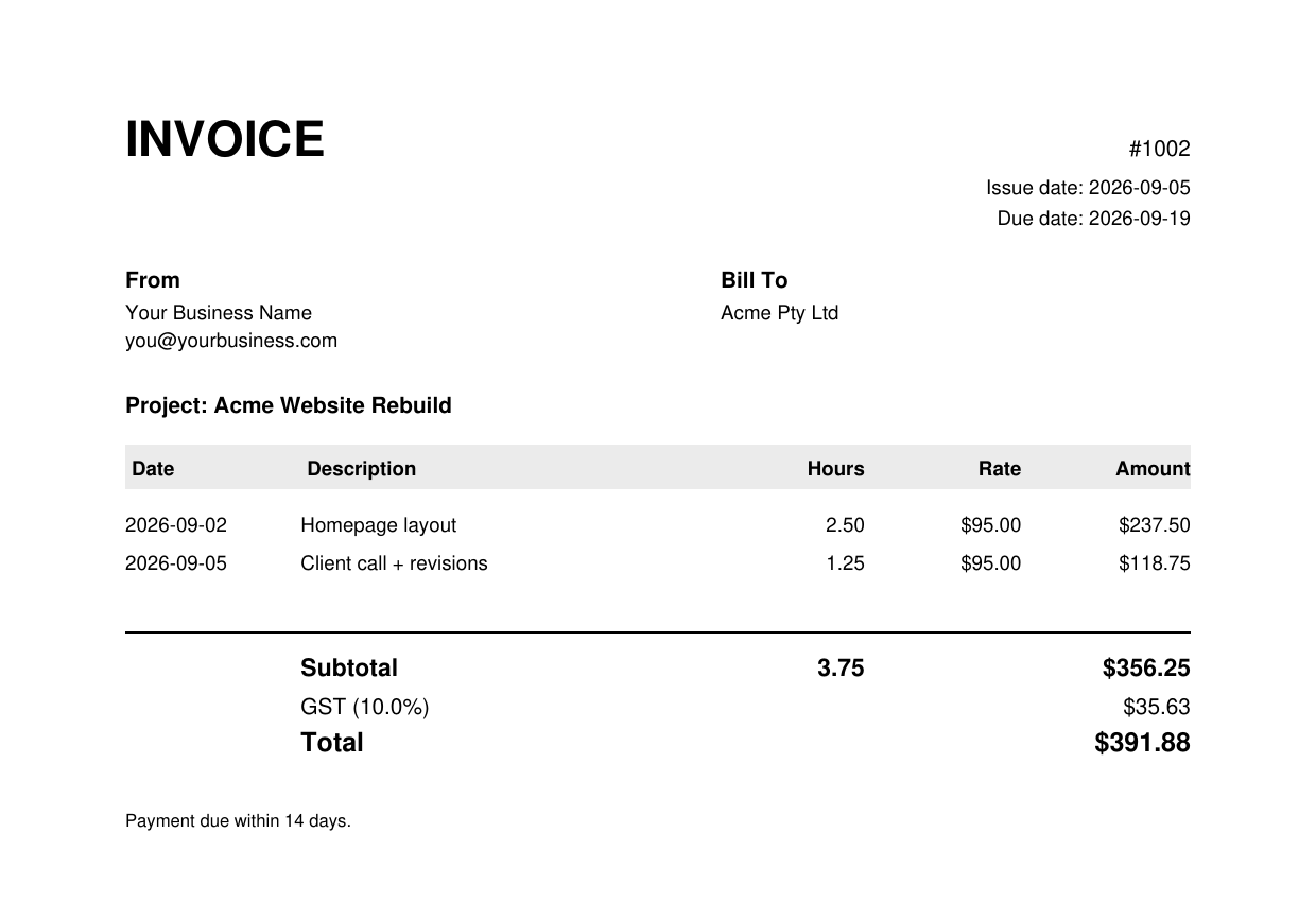 TimerForge generated invoice PDF with line items and tax